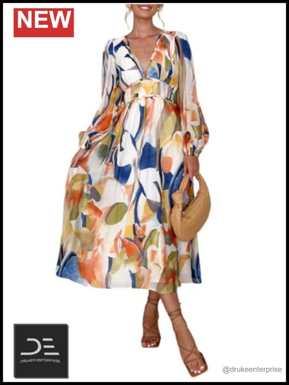 Women's Long Sleeve Floral Maxi Dress V-Neck Boho Wedding Guest